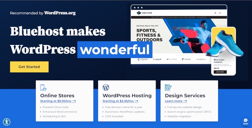 Bluehost homepage. 