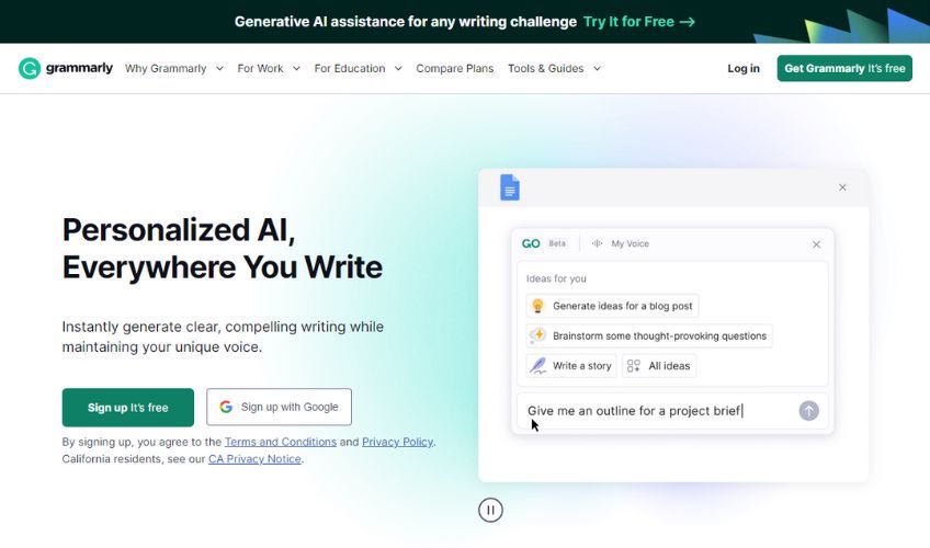 Grammarly homepage with a button to sign up for free or to sign up with Google.