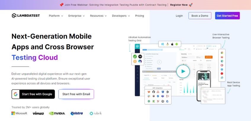 LambdaTest homepage with a button to Start free with Google or Start free with Email. 