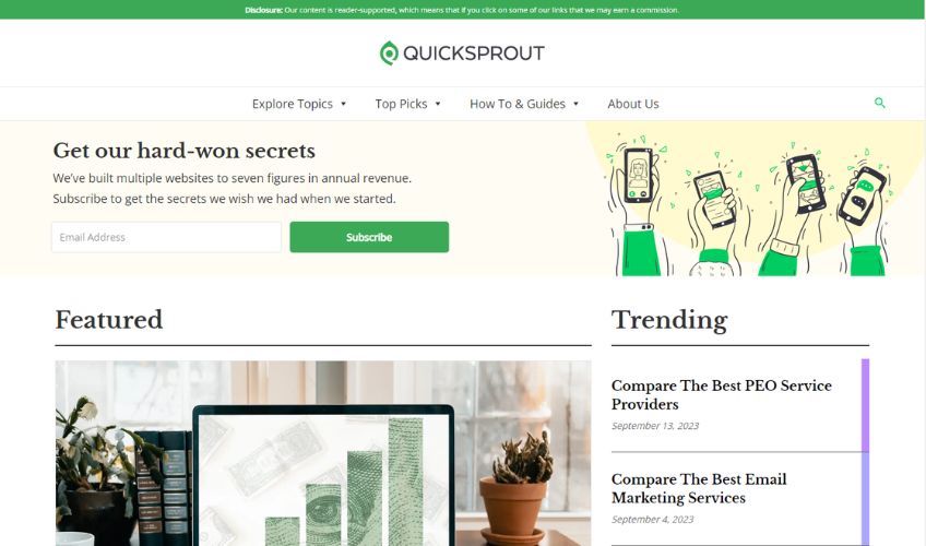 Quicksprout homepage with an email signup. 