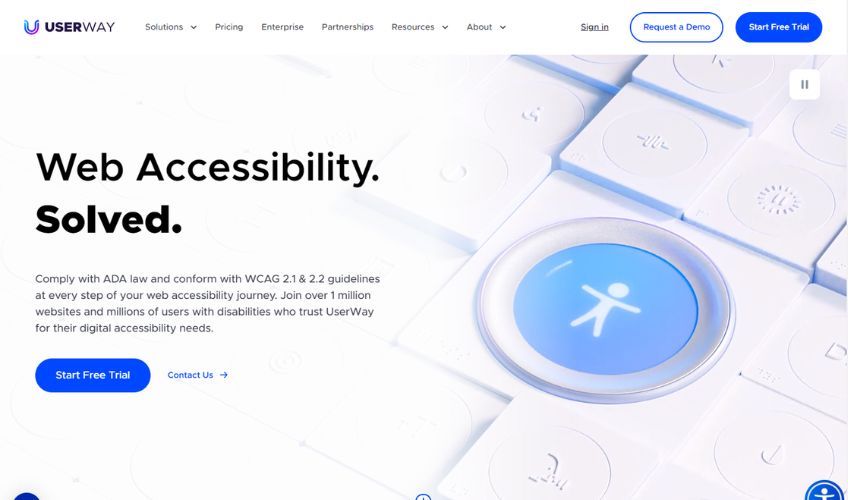 UserWay homepage with a heading that reads "Web Accessibility. Solved." and a button to Start Free Trial. 