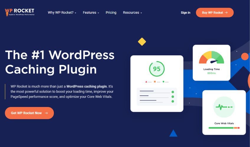 WP Rocket homepage with a heading that reads "The #1 WordPress Caching Plugin" and a button to Get WP Rocket Now. 