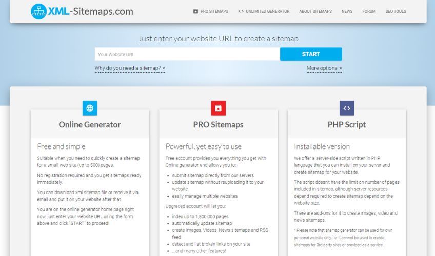 XML sitemap generator homepage with option to enter website url and click a start button. 