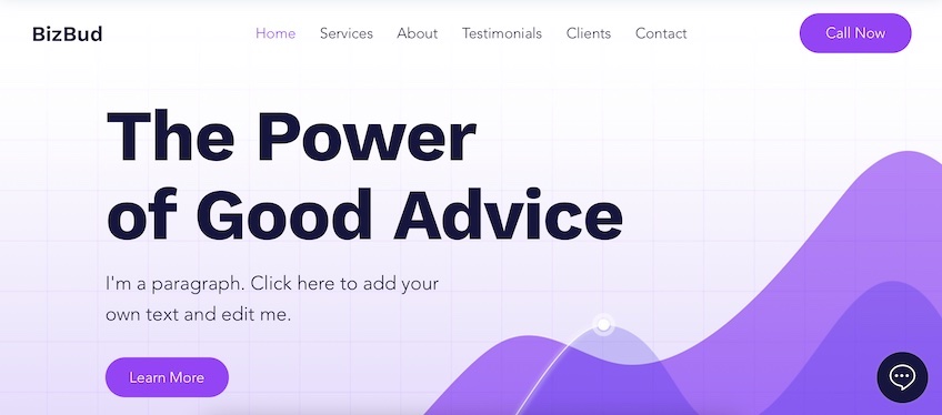 Consulting business website template from Wix with the words "The Power of Good Advice" and a "Learn More" button.