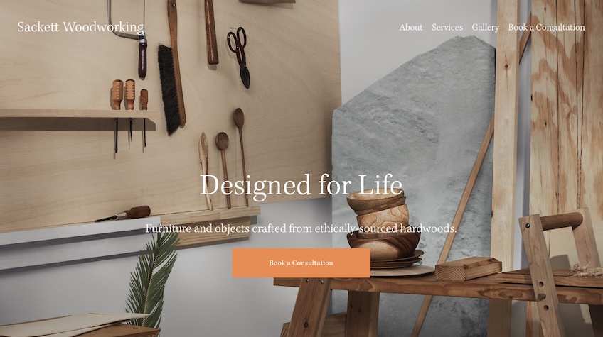 Example of an art and design template from Squarespace for a woodworking business. 