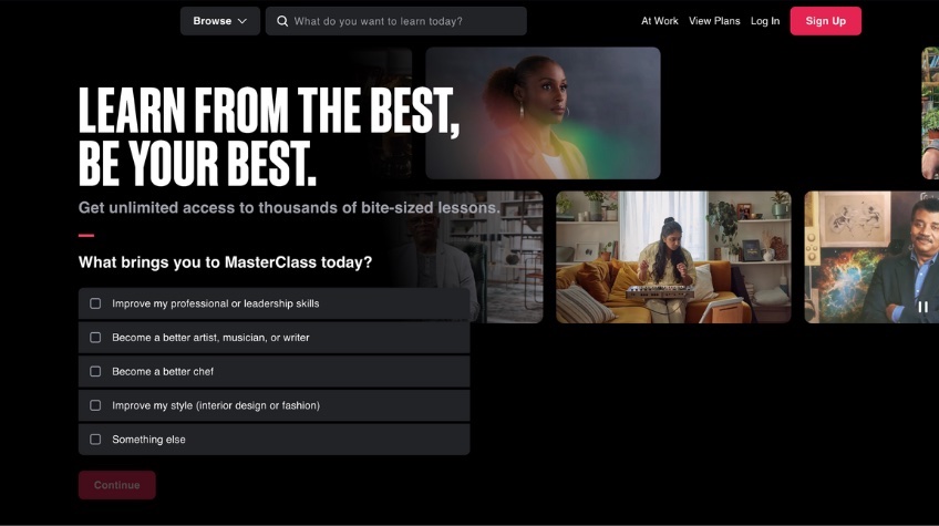 Masterclass website with layered content including text, images, and a form.