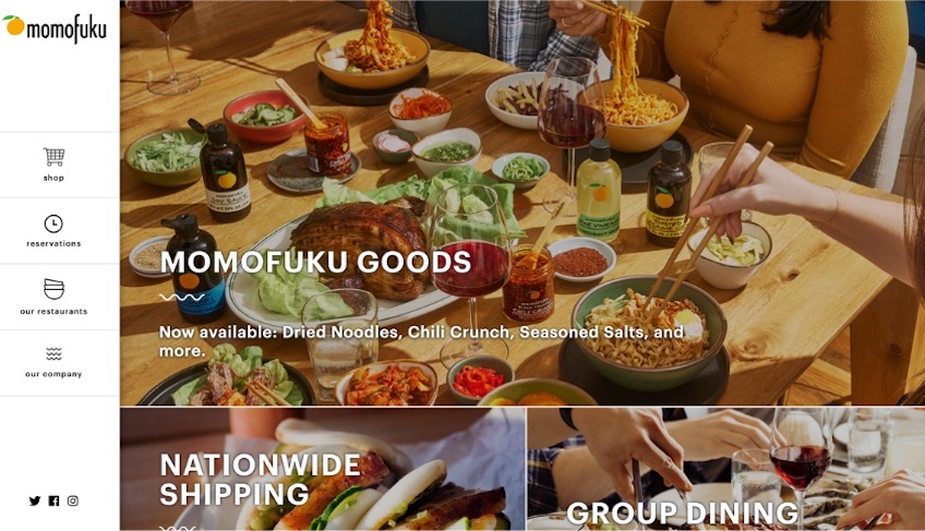 Momofuku's homepage with photography of food and dining taking up most of the page and a menu along the left side. 