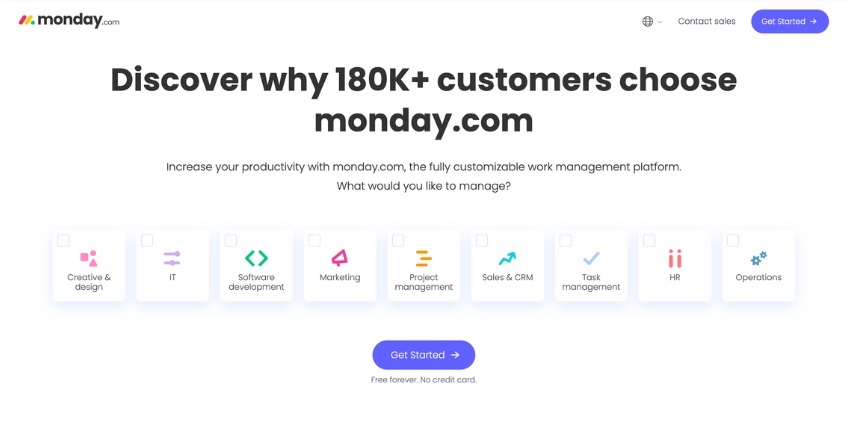 Monday.com homepage with text that reads: "Discover why 180K+ customers choose monday.com."