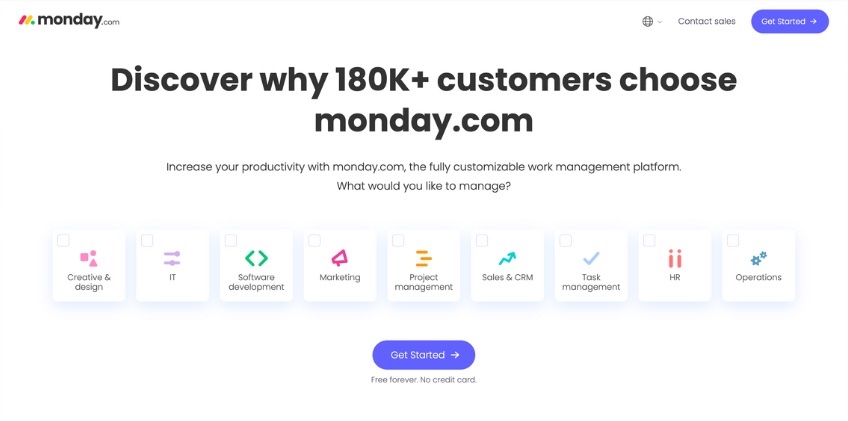 Monday.com homepage with text that reads: "Discover why 180K+ customers choose monday.com."