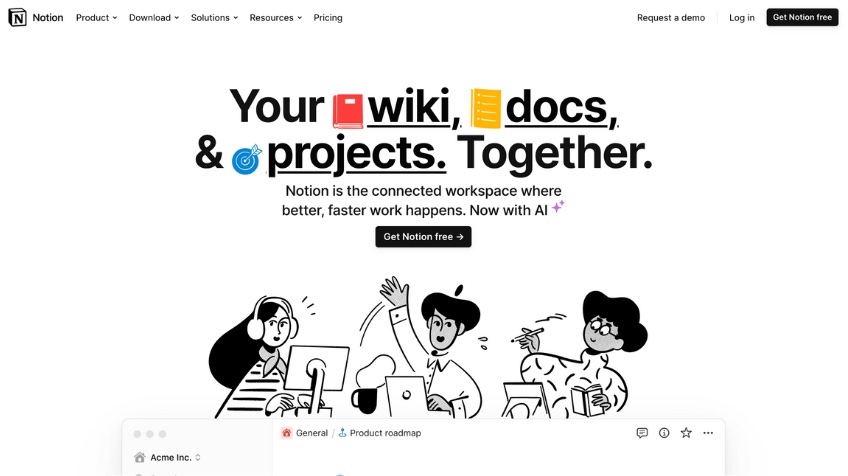 Notion homepage with visual elements included with text that reads: Your wiki, docs, & projects. Together."