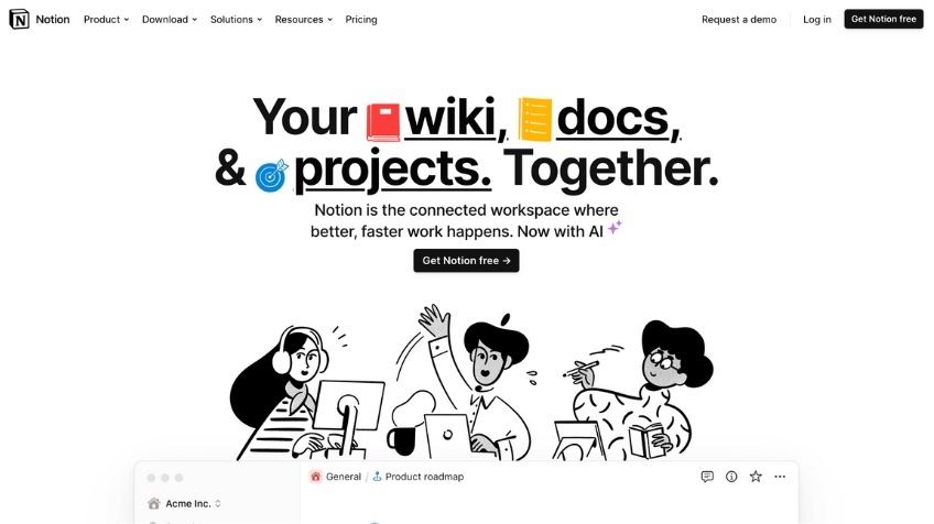 Notion homepage with visual elements included with text that reads: Your wiki, docs, & projects. Together."