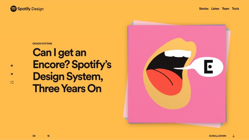 Spotify Design webpage with scrolling option to continue on the page.