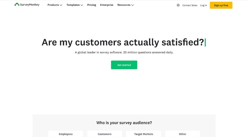 Survey Monkey site with text that reads: "Are my customers actually satisfied?"