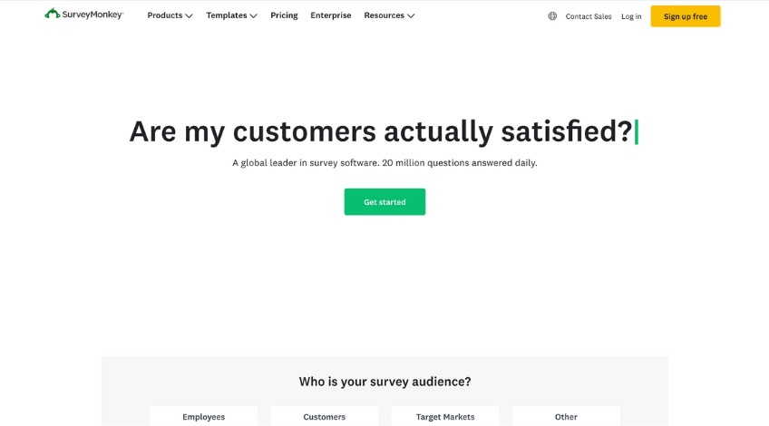 Survey Monkey site with text that reads: "Are my customers actually satisfied?"