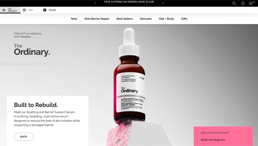 The Ordinary homepage displaying one of their products. 