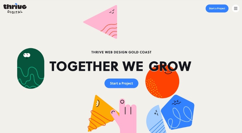 Thrive site with various visuals displayed with text that reads "Together We Grow" with a blue button to "Start a Project."