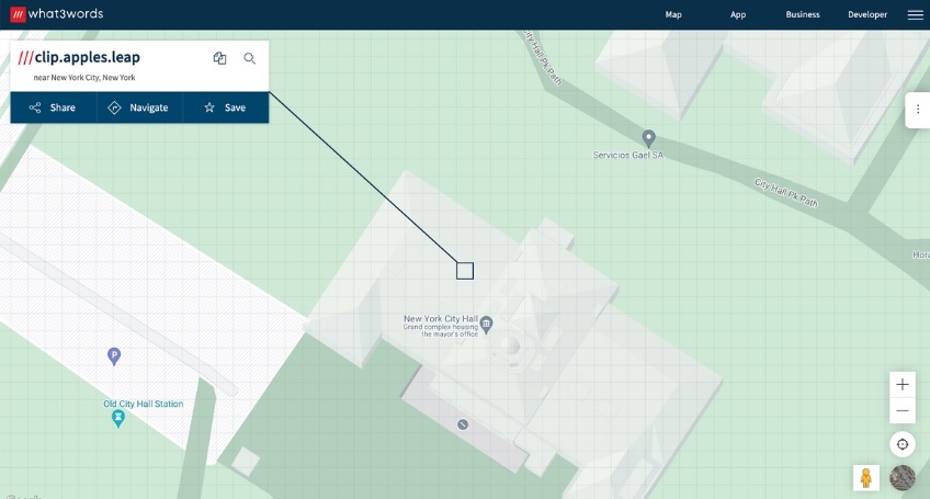 What3Words map with New York City Hall shown. 
