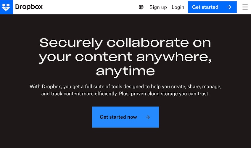 Pagina de start a Dropbox cu o "Începeți acum" buton.