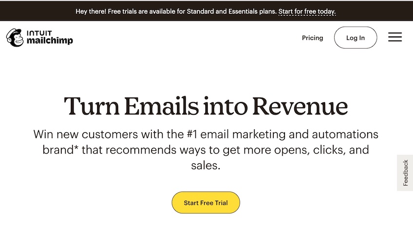 Intuit Mailchimp homepage with a "Start Free Trial" button. 