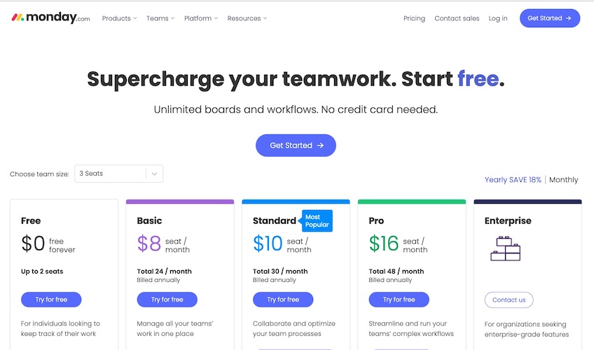Monday.com landing page for plans and pricing with a button to "Get Started."