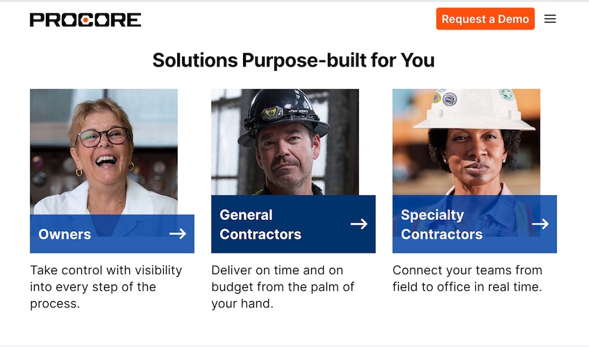 Procure website example with three categories to choose from: Owners, General Contractors, and Speciality Contractors. 