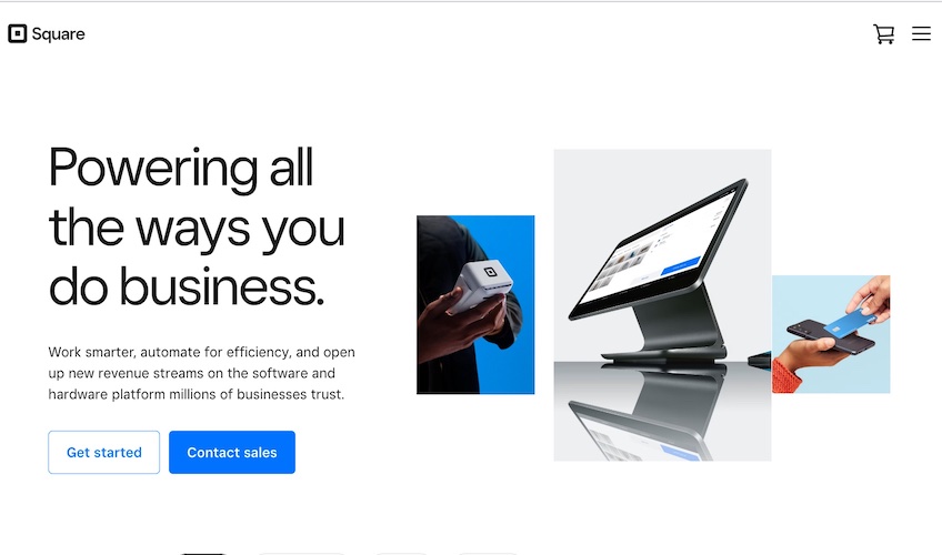 Square homepage with a get started button and a contact sales button. 