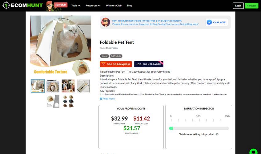 Dropshipping site example with a foldable pet tent displayed. 