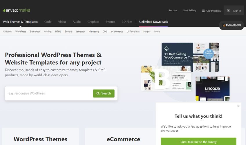 Digital products marketplace example with the site envato market and a screenshot of the homepage. 