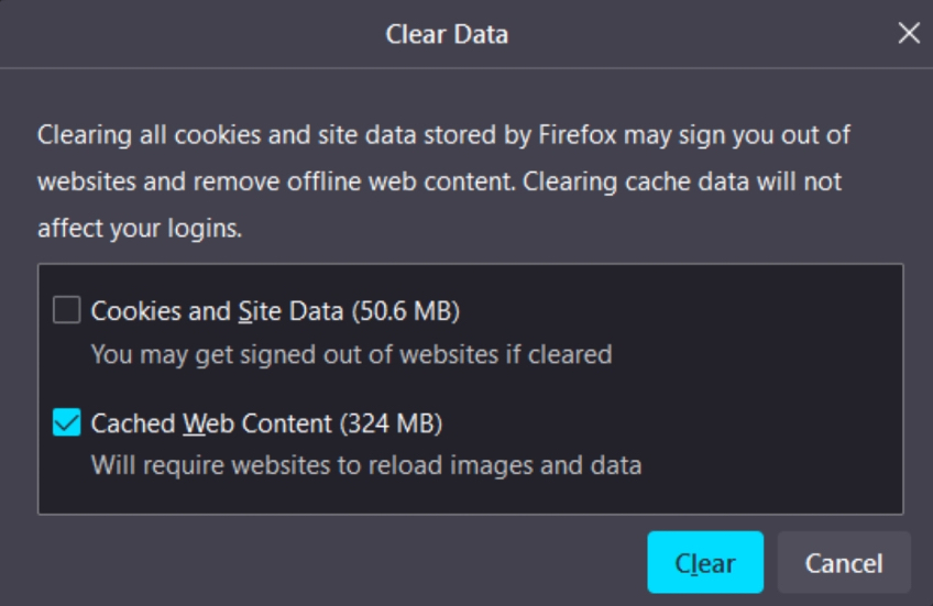 Clear Data window with box checked to clear Cached Web Content and a button to either Clear or a button to Cancel. 