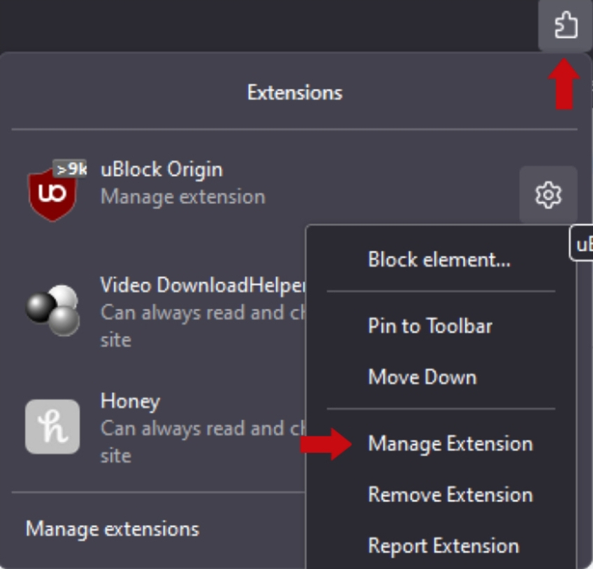Manage extensions in google chrome with red arrow pointing to puzzle piece where extensions are hidden and red arrow pointing to manage extension option. 