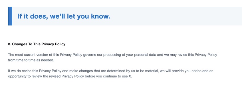 X's (Twitter's) privacy policy screenshot from section eight covering how they handle changes to the privacy policy. 