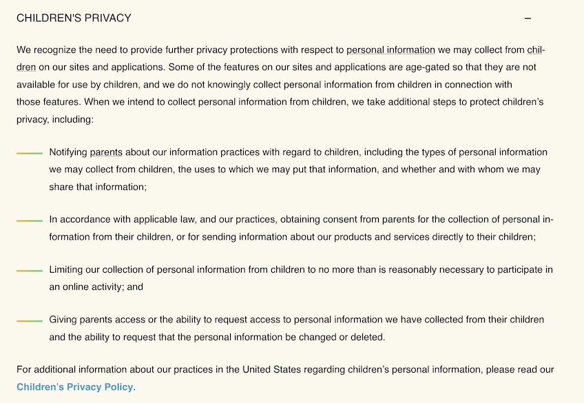 Screenshot of Disney's Children's Privacy policy. 
