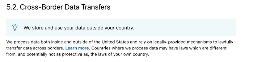 LinkedIn's privacy policy with section 5.2 shown for Cross-Border Data Transfers. 
