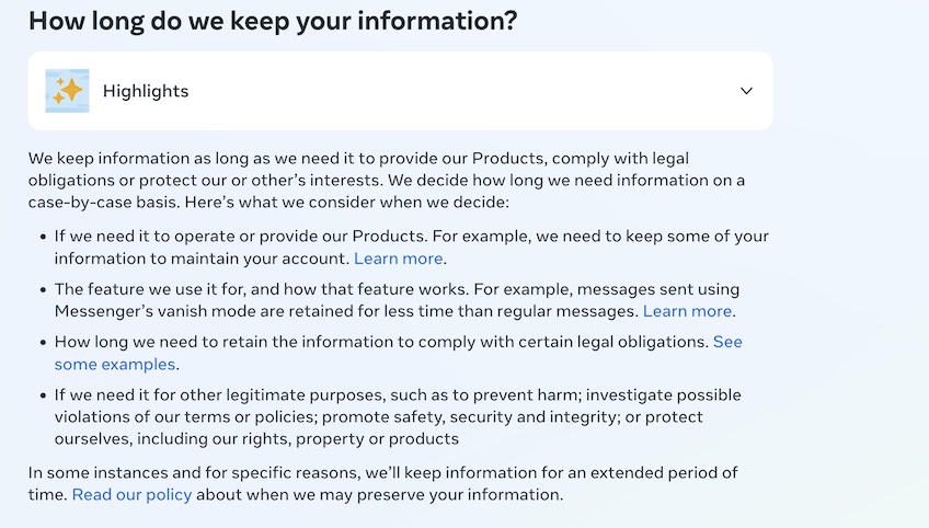 Meta privacy policy with section covering the length of time that information is kept. 