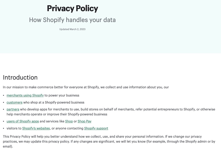 Shopify privacy policy with an introduction section shown. 
