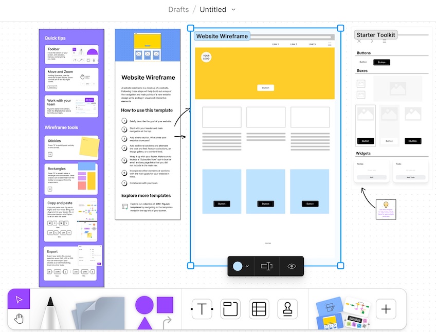 Wireframe draft generated from a template, featuring highlighted tips on the side and a starter toolkit.