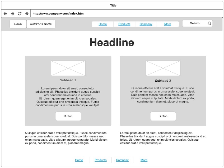 SmartDraw wireframe template displaying a prominent headline with two subhead options accompanied by clickable buttons.