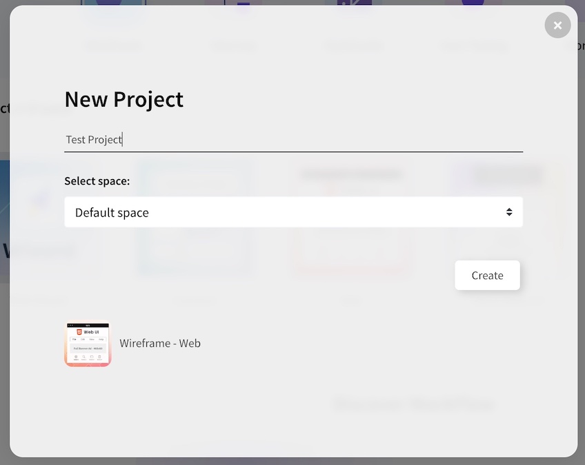New project screen displaying the project name as 'Test Project' and a 'Create' button.