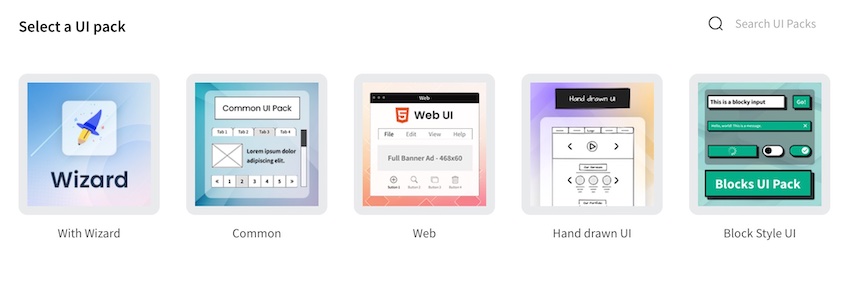 UI pack selection page featuring options for 'With Wizard,' 'Common,' 'Web,' 'Hand-drawn UI,' and 'Block Style UI.'
