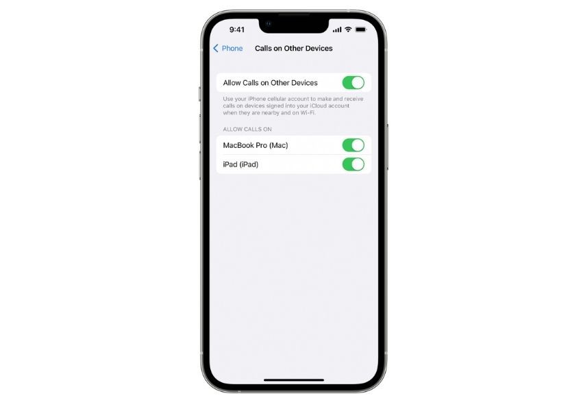 Screenshot of iPhone screen displaying setup for Calls on Other Devices.