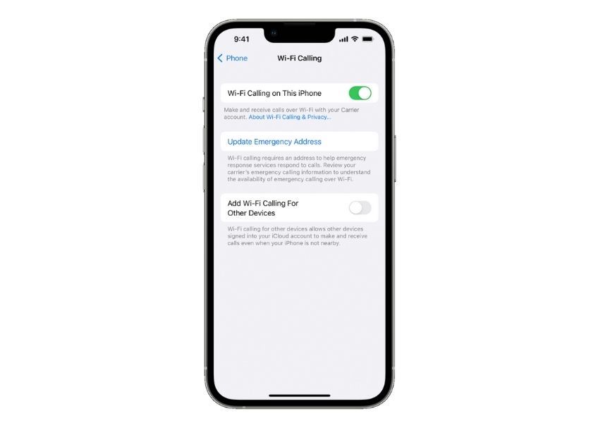 iPhone settings for setting up Wi-Fi Calling with the option for Wi-Fi calling toggled on.