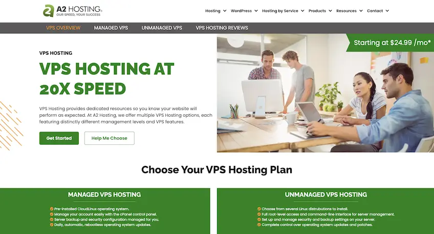 A2 Hosting's VPS Hosting landing page, highlighting its VPS hosting at 20X speed with an image of four workers at a large desk