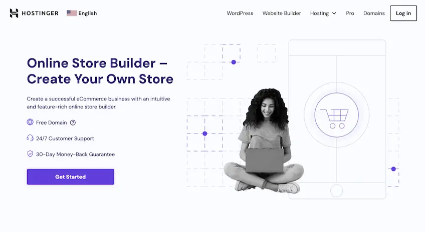 Hostinger's online store builder landing page showing a woman sitting cross-legged on a laptop