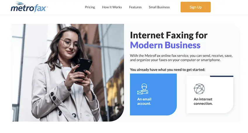 Screenshot of MetroFax internet faxing landing page showing a woman wearing glasses using her smartphone to send a fax