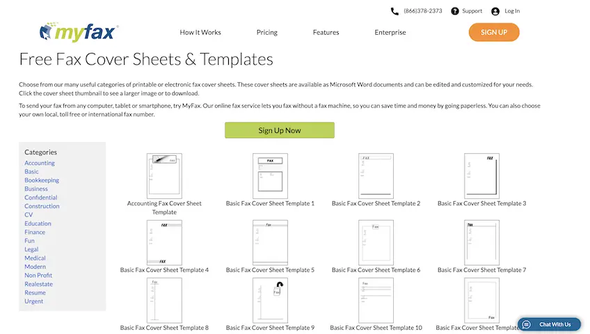 MyFax free cover sheets and templates with the option to browse by category