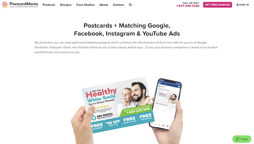 PostcardMania's Everywhere Small Business landing page showing a postcard mailer and Facebook ad with the same promotion and design
