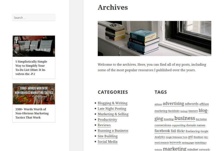 Example site for how to display archives with a list of categories and tags. 