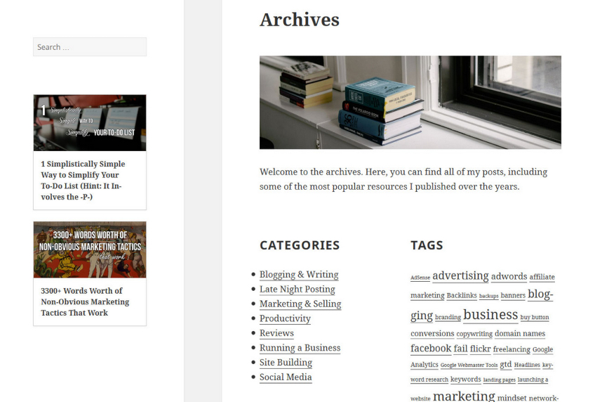 Example site for how to display archives with a list of categories and tags. 