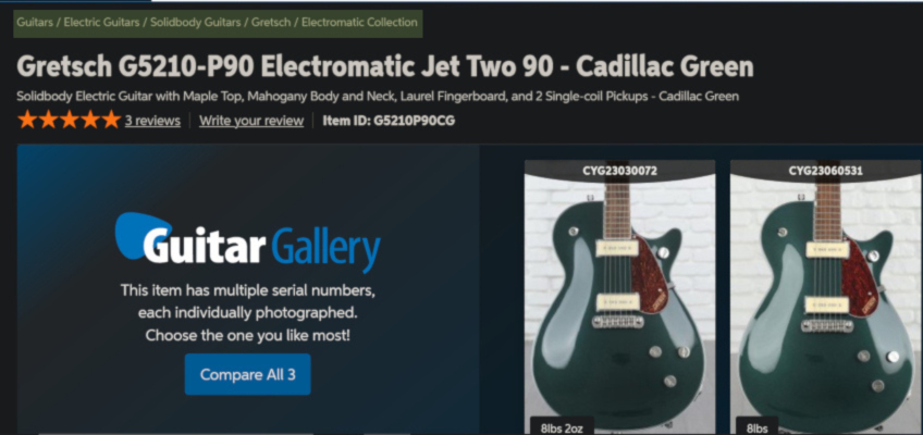 Example of a breadcrumb navigation on a site displaying a guitar. 