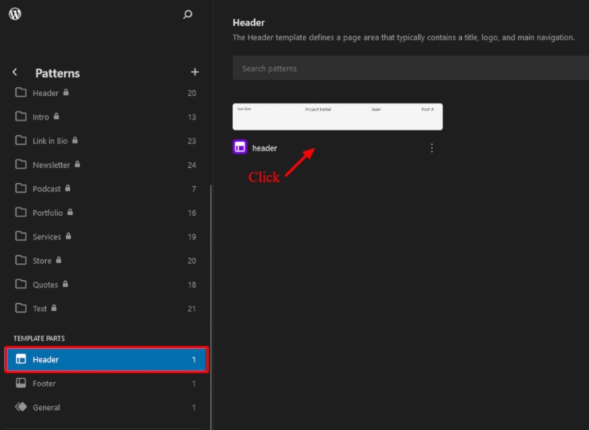 WordPress patterns menu with the header selection shown. 